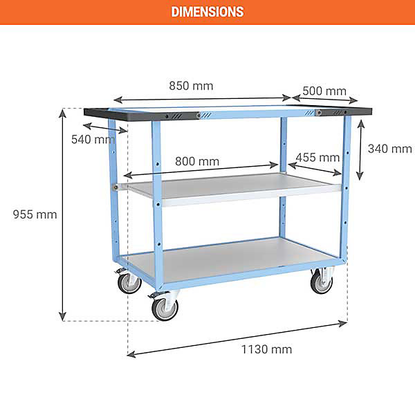 Desserte de bureau double poignée silencieux - 3 plateaux 850x500mm - Charge max 250kg - 880701522