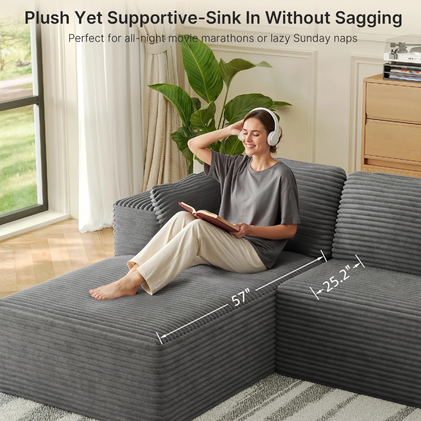 Gizoon 105 Oversized Floor Sofa Sectional, L Shaped Modular Cloud Couch with Chaise, Deep Seat Corduroy Memory Foam Boneless Couch for Living Room, No Assembly (Grey, Left Facing Chaise)