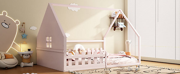 Lit Plat 140x200cm, Forme Maison, Rampe, Pin, Rose