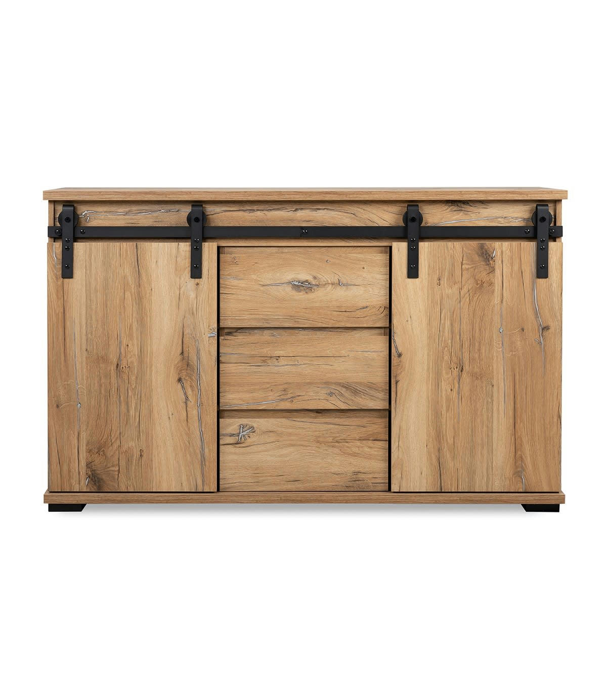 MANZANO - Buffet 2 portes coulissantes et 3 tiroirs L140 cm - Décor bois et noir
