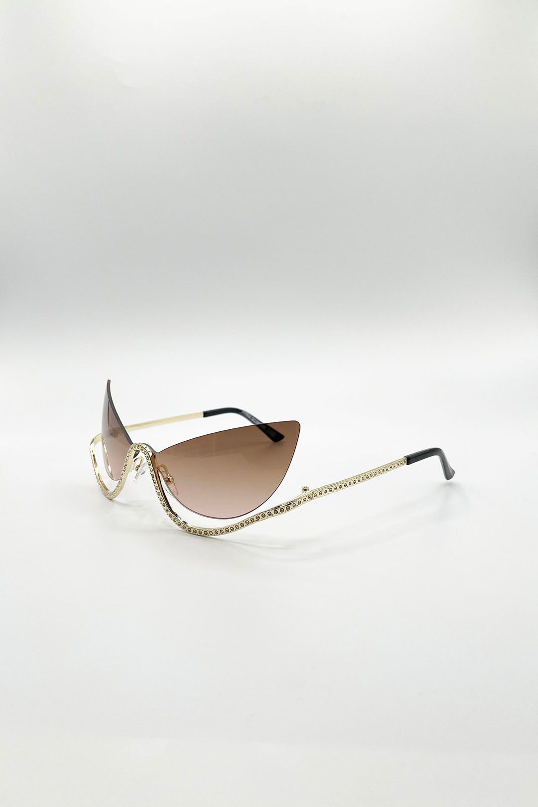 SVNX Butterfly Dimante Rimless Sunglasses In Brown
