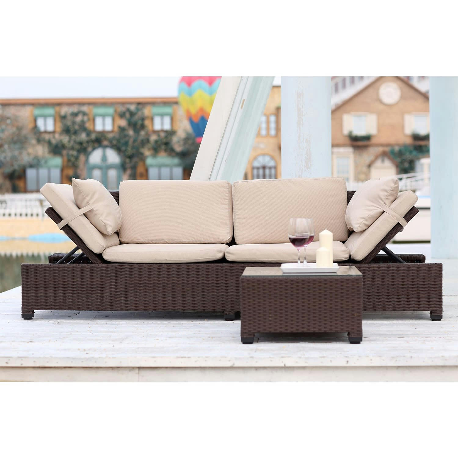 CORFOU - Canapé de jardin en résine tressée écru et chocolat