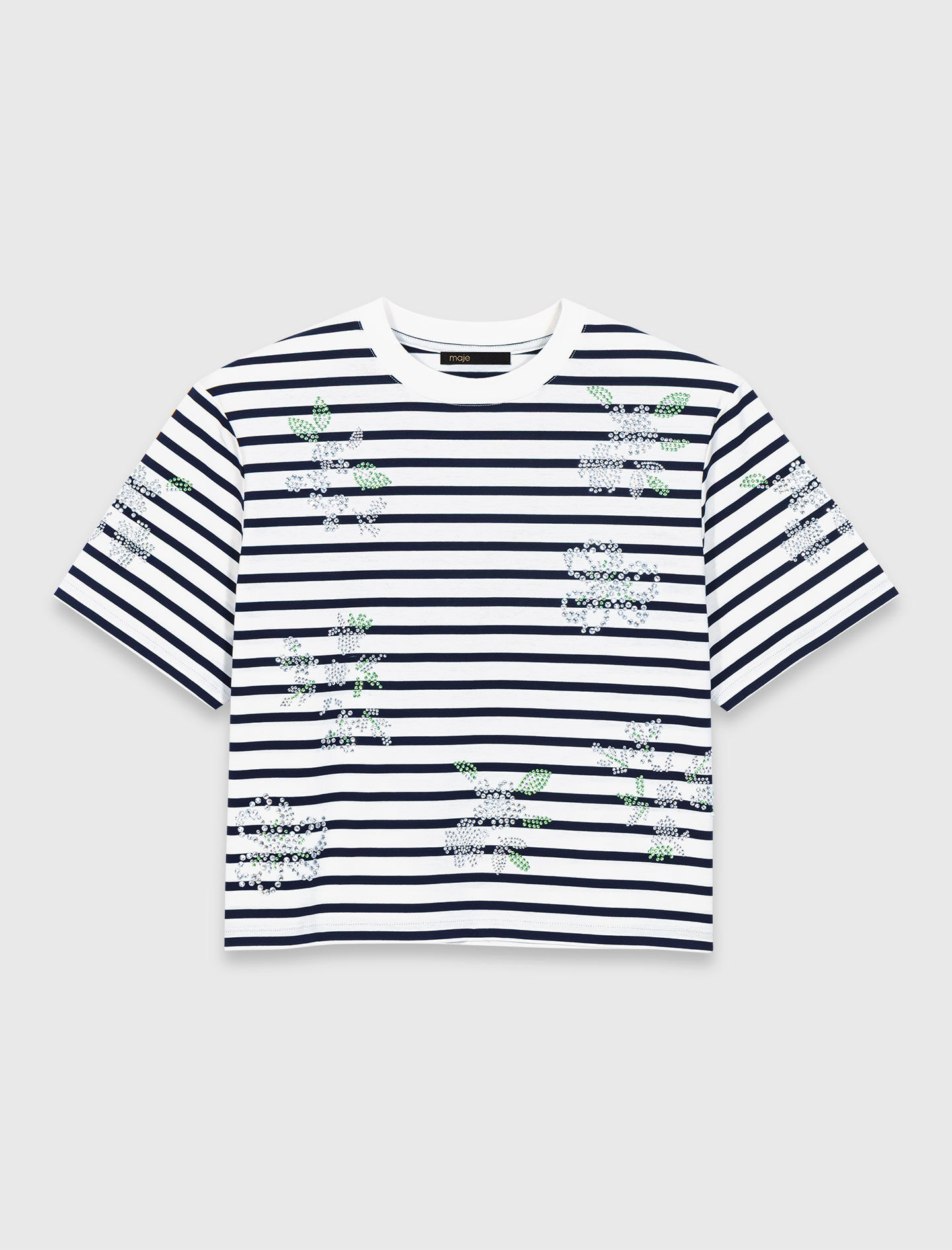 Tee shirt rayé à fleurs strassées
