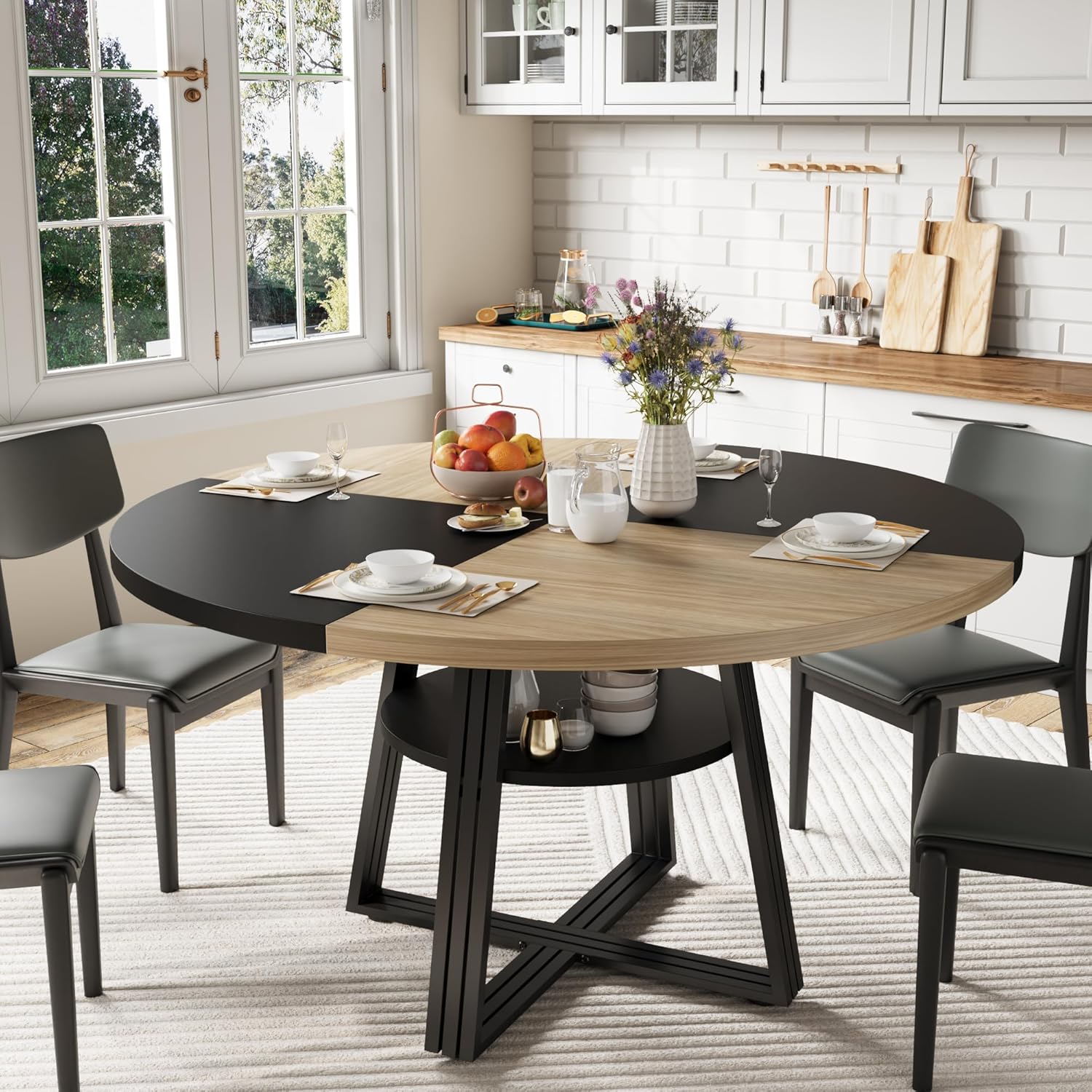 GarveeHome 47 Inch Round Dining Table for 4-6, Farmhouse Pedestal Kitchen Table with Storage Shelf, Space-Saving Circle, for Kitchen, Dining Room, Living Room, Apartment, Table Only- Natural & Black