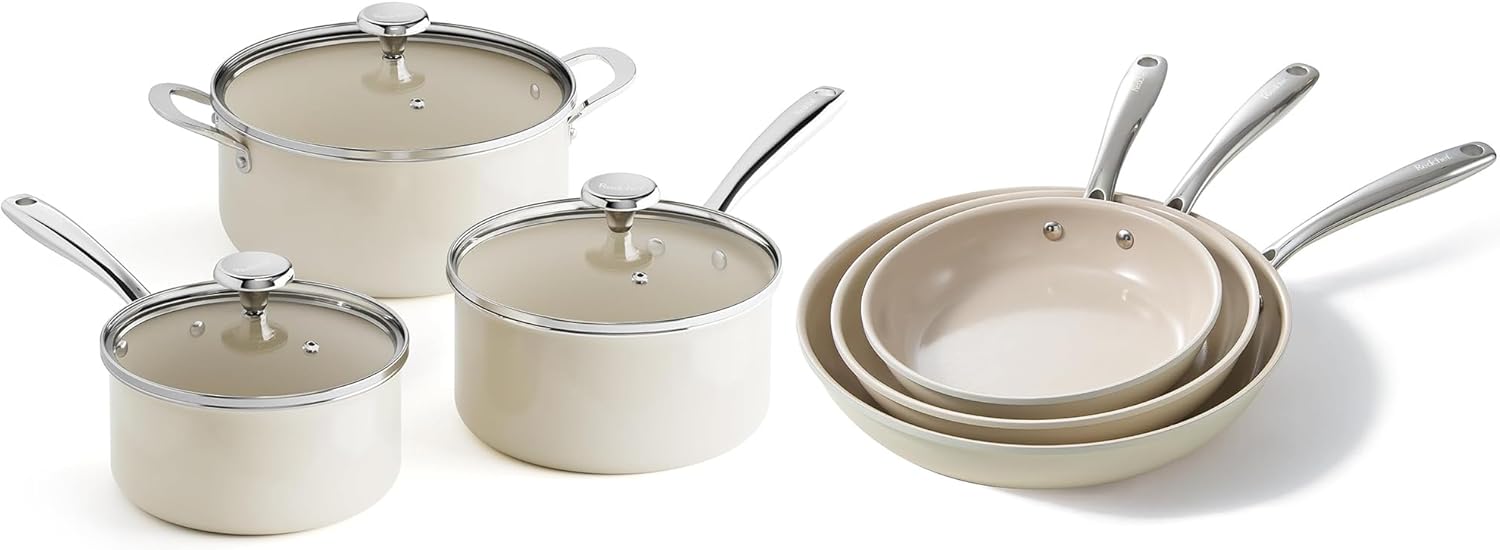 Redchef Cooking Pot Set Induction 5Qt, Saucepan Set 2.5/3.5Qt, 8 9.5 11 Ceramic Frying Pan Set, PFAS & PTFE Free with Stay Cool Handle, Dishwasher & Oven Safe(Beige White)
