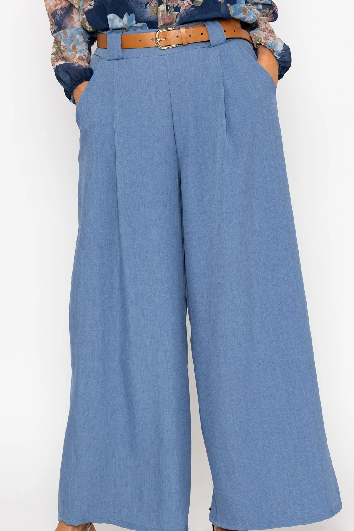 Blue Belted Wide Leg Trousers