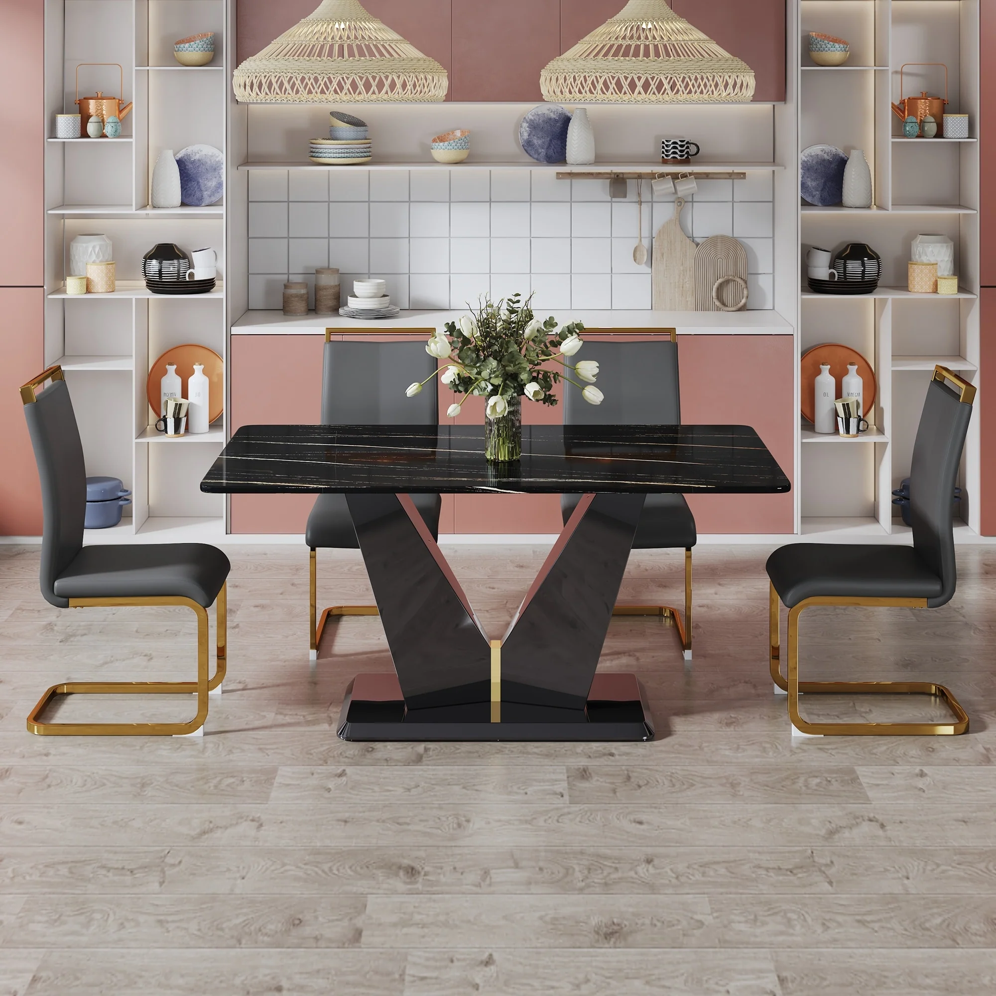 Modern Marble Pattern Glass Dining Table Set with V-shaped Base and PU High Back Upholstered Chairs