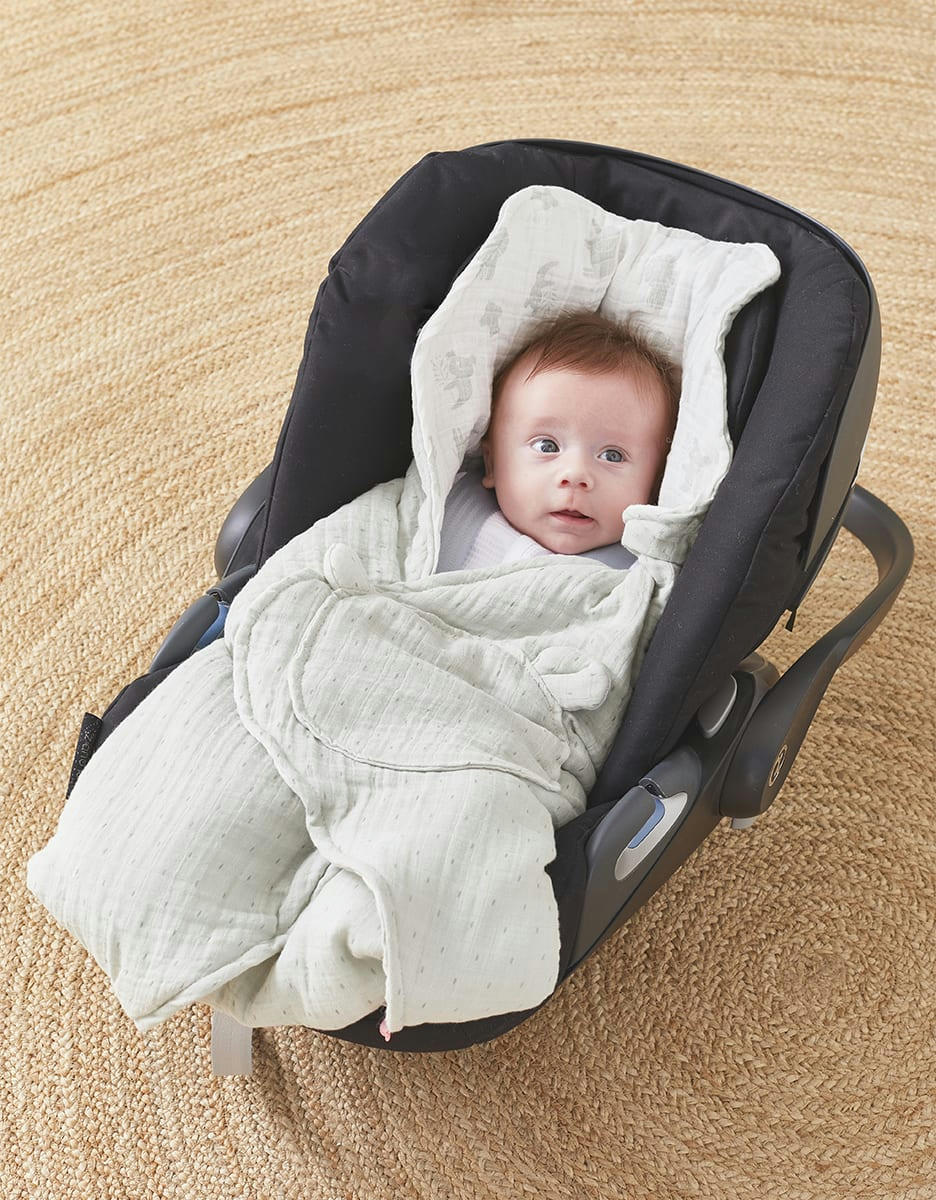 - Couverture promenade mousseline de coton BIO ouatinée, écru/sauge