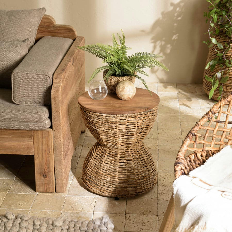 ALIDA - Tabouret beige assise en bois de teck recyclé
