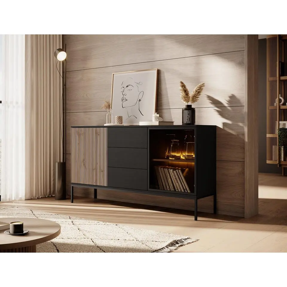 Meubella - Dressoir Legend - Mat zwart - Eiken - 154 cm met lades