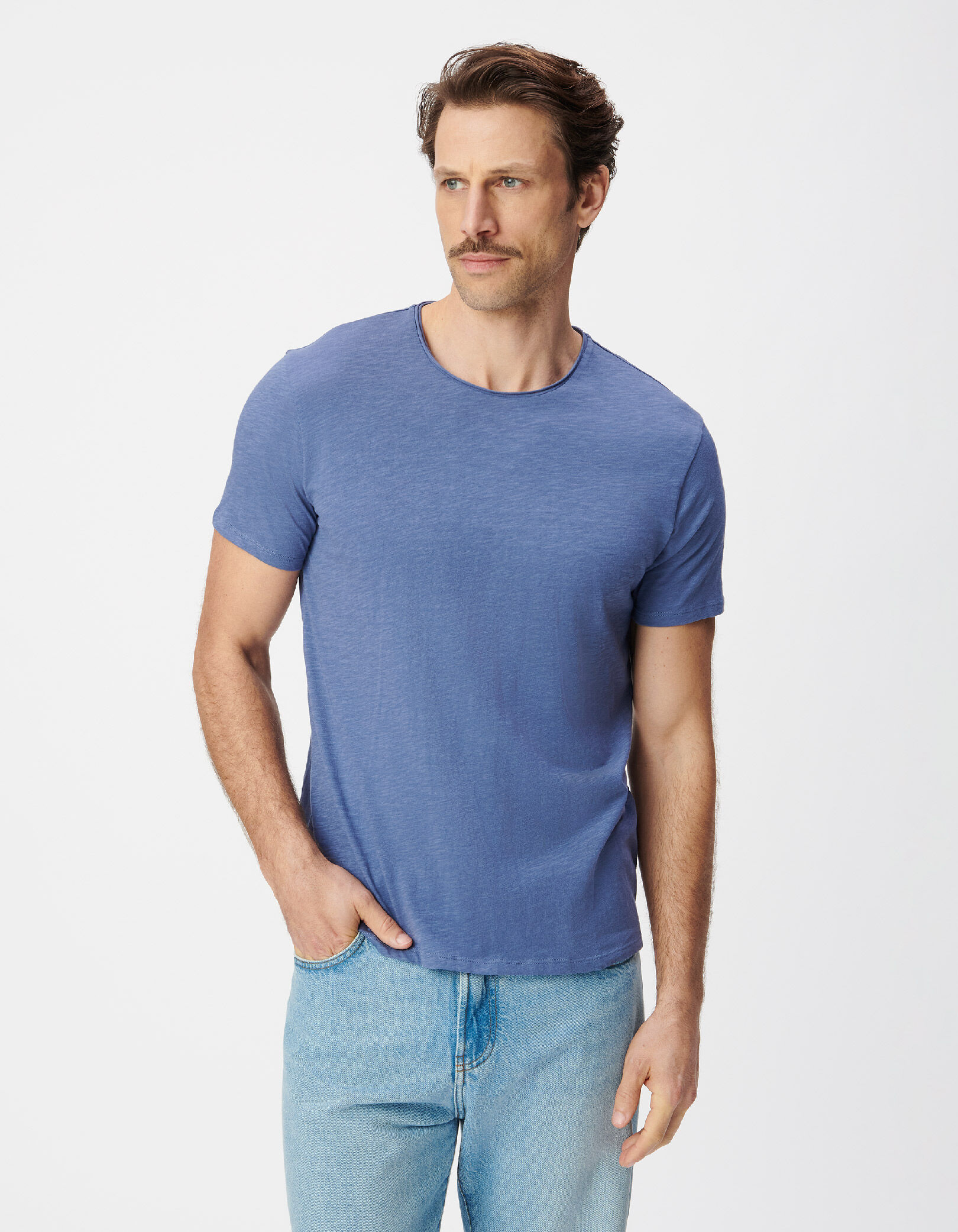 T-shirt col rond bleu coton bio flammé Homme