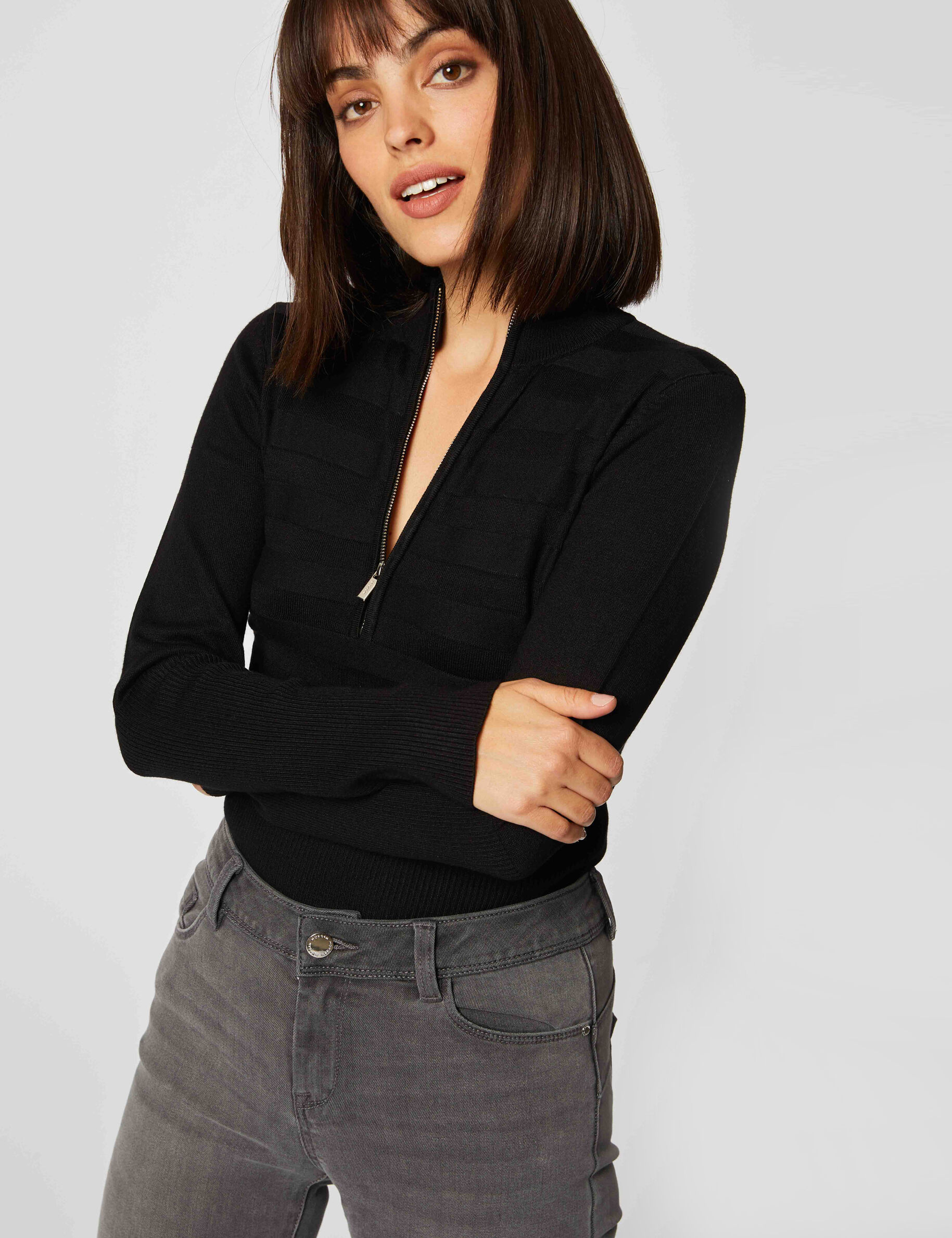 Long-Sleeved Jumper Zipped High Collar Black Women