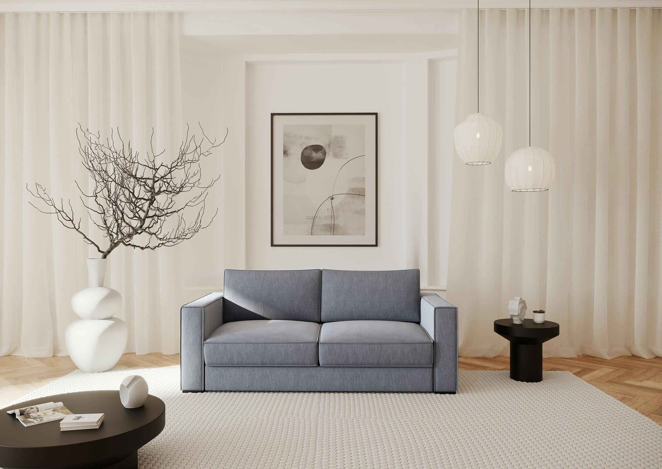 LEXY - Canapé convertible matelas tissu tramé gris clair 140cm