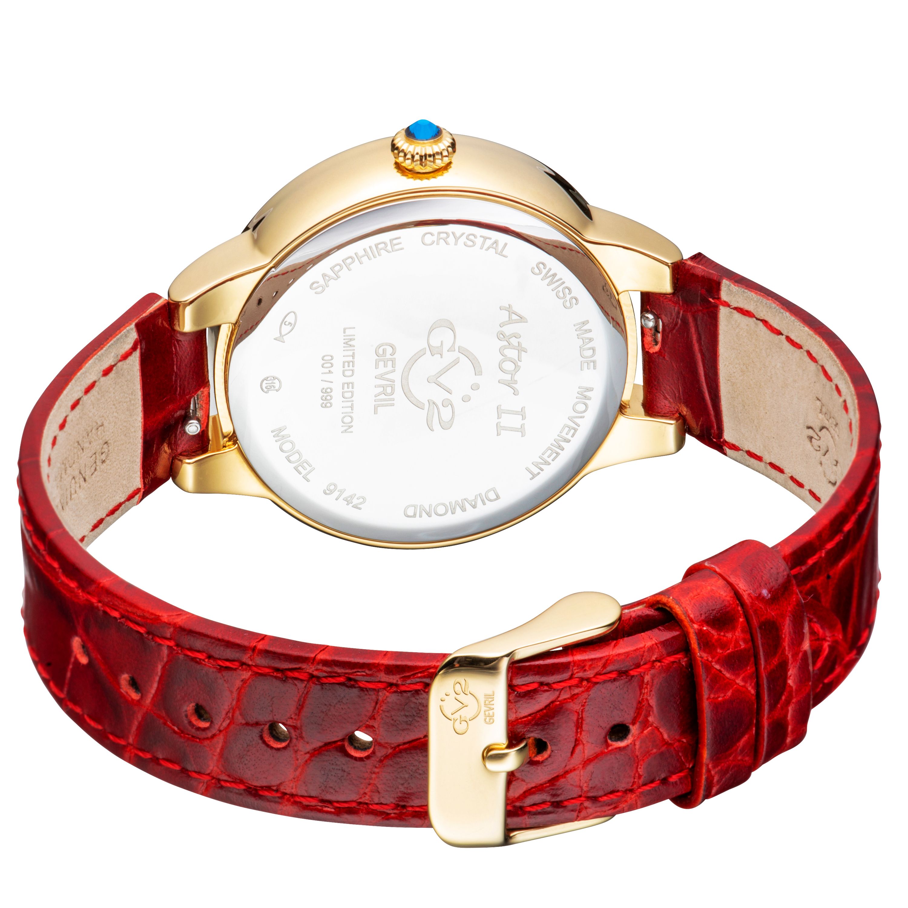 GV2 Astor II, Swiss Quartz Watch, MOP White Dial, Hand made Italian leather, and Sapphire Crystal
