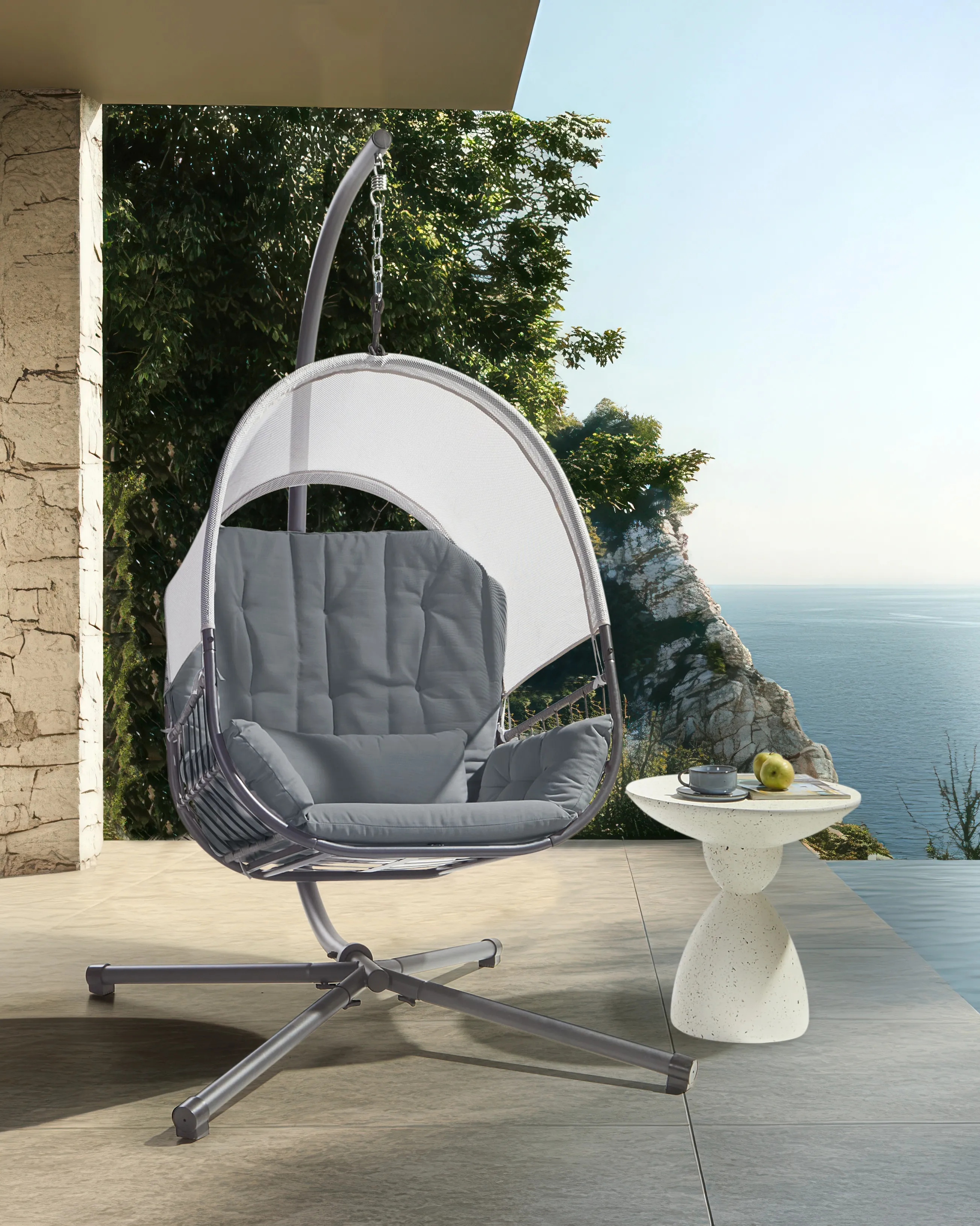 Hanging Chair with Stand ALVIANO Fabric Dark Grey