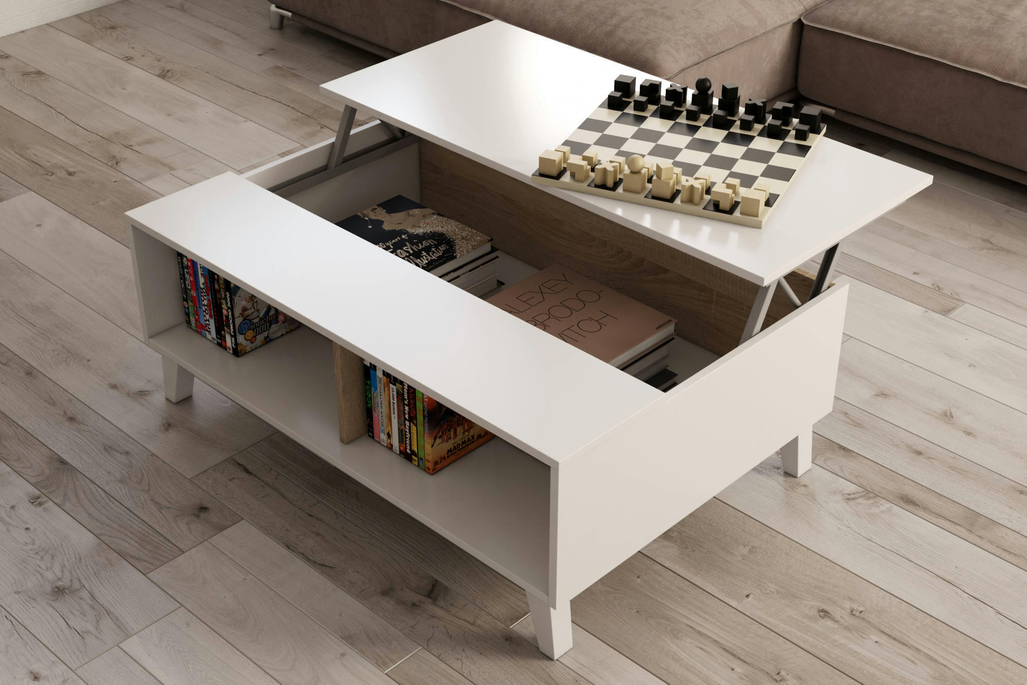 LINCOLN - Table basse blanc brillant et effet bois chêne