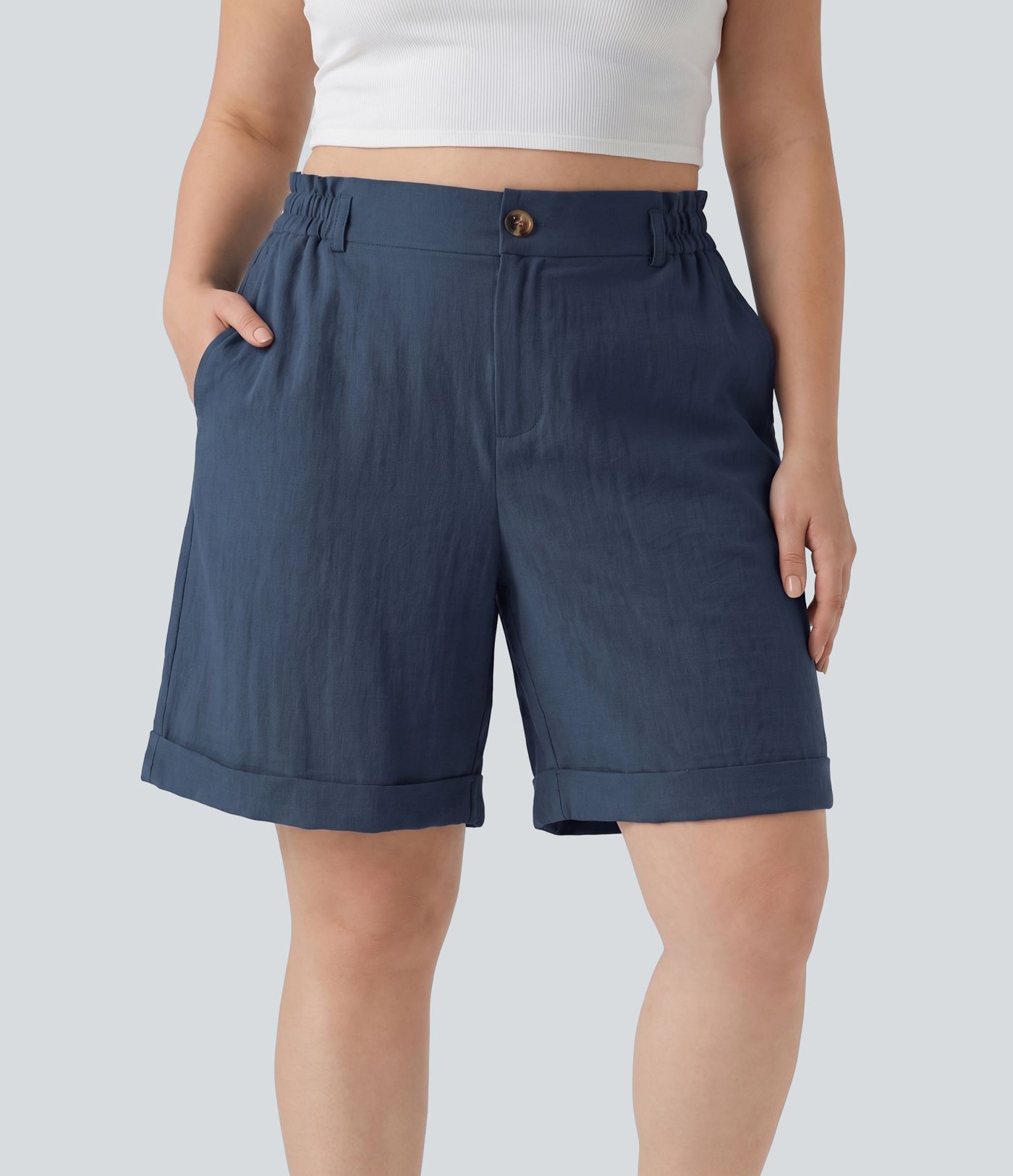Bermuda 25 cm grande taille effet lin style vacances taille haute à ourlet roulotté avec poches