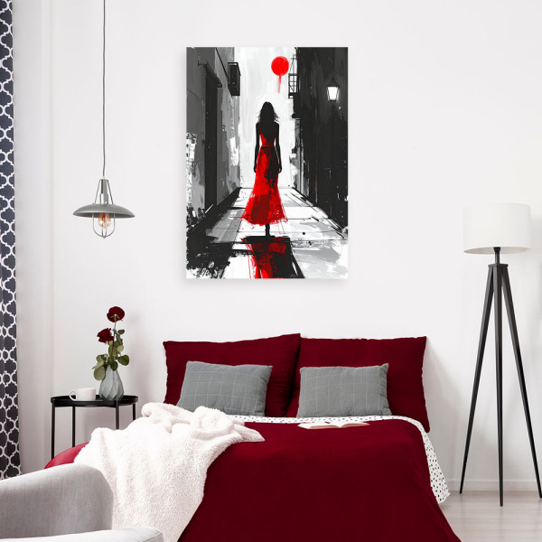 Obraz do sypialni salonu, Kobieta w czerwonej sukience idąca wąska 20x30