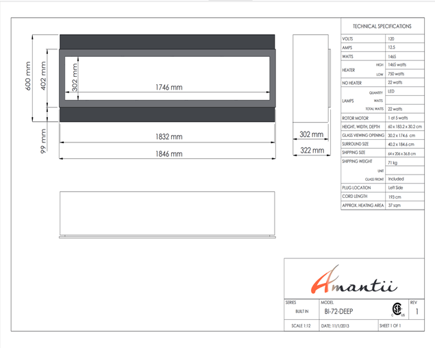 Amantii Smart 72" Electric DeepBuilt-in only comes with optional black steel surround