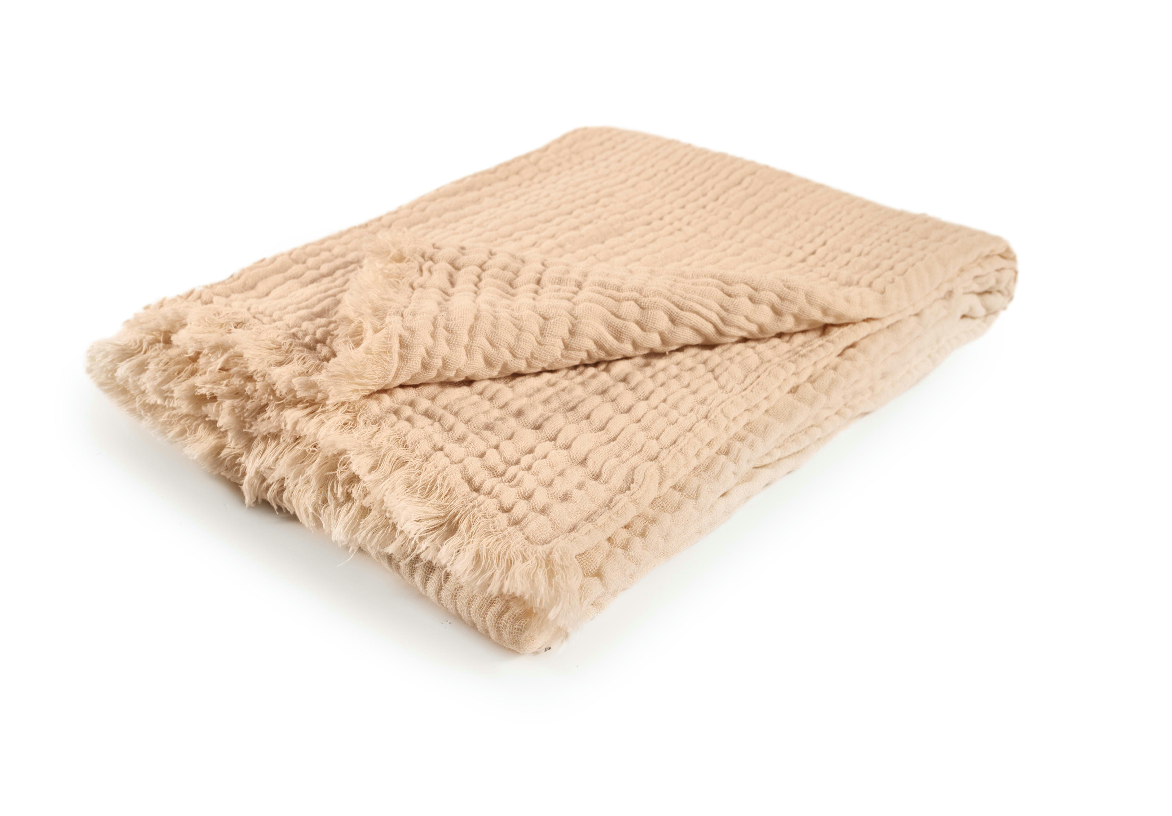 TANEA - Plaid 100% coton gaufré rose pêche 130x170