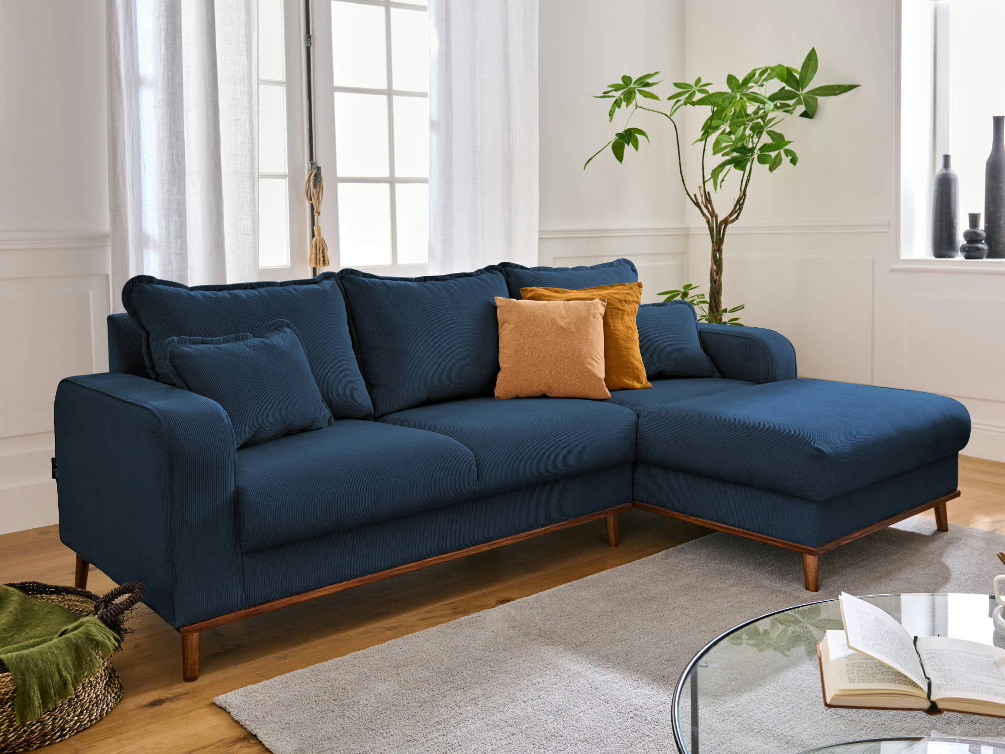 BILLIE - Canapé d'angle droit 4 places en velours côtelé bleu ardoise