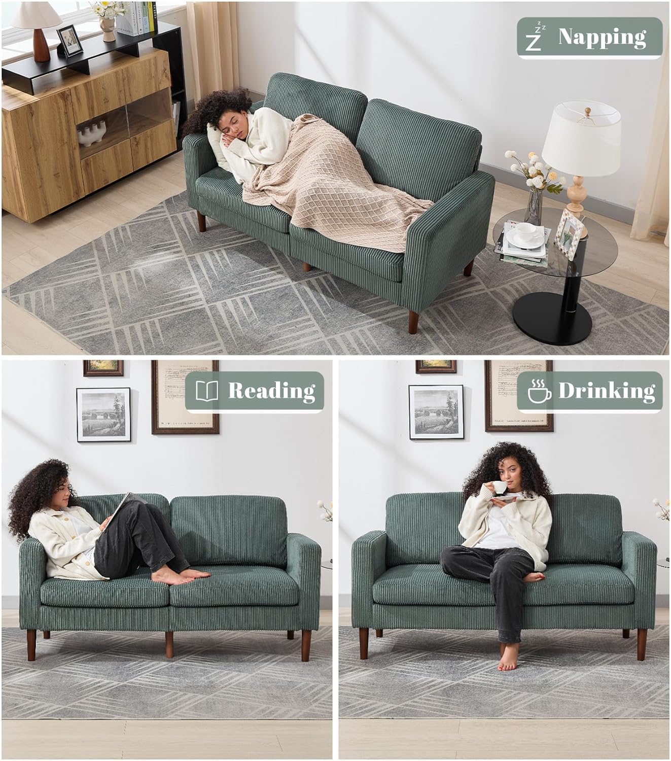 Kingfun 65 Corduroy Loveseat Sofa, Upholstered Sofa with Spring, Modern Sleek Couch for Living Room & Bedroom for Small Spaces, Green
