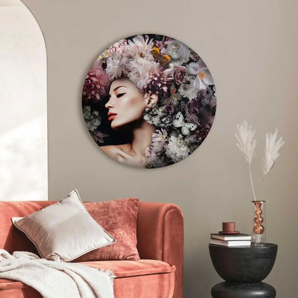 Plexiglasschilderij Vrouw met bloemenhoed - &Oslash; 70 - Roze