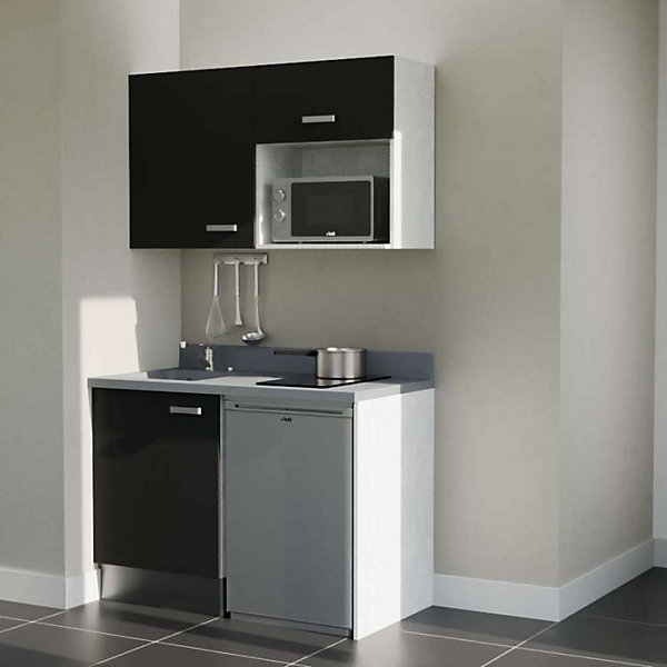 Kitchenette K07 - 120 cm - façades Noir - Plan monobloc en quartz coloris Cromo évier à gauche