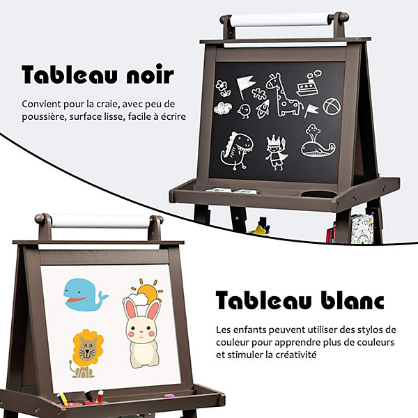 Chevalet pour Enfants Double Faces Noir et Blanc Tableau de Dessin Magnetique avec Rouleau de Papier Boîtes de Rangement