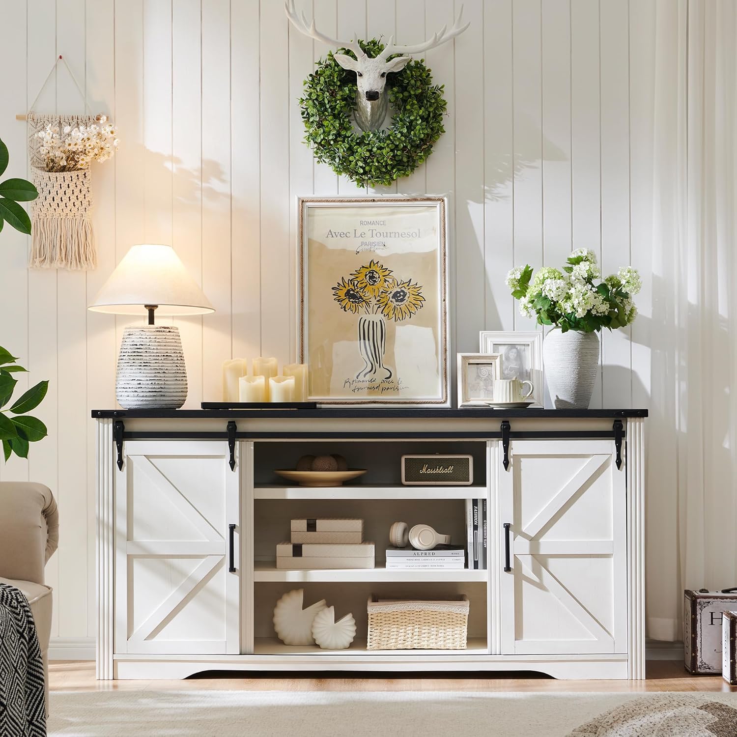 Farmhouse TV Stand for 75+ Inch TV, 32 Tall Entertainment Center w/4 Drawers & Sliding Barn Door, Rustic Media Console w/Storage Shelves, 66 Wood Television Stand for Living Room, Off White