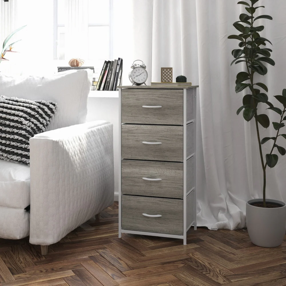4 Drawer Vertical Storage Dresser-Wood Top & Fabric Pull Drawers