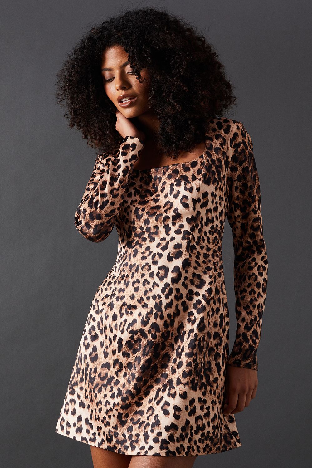 Warehouse Leopard Structured Satin Scoop Neck Fitted Mini Dress