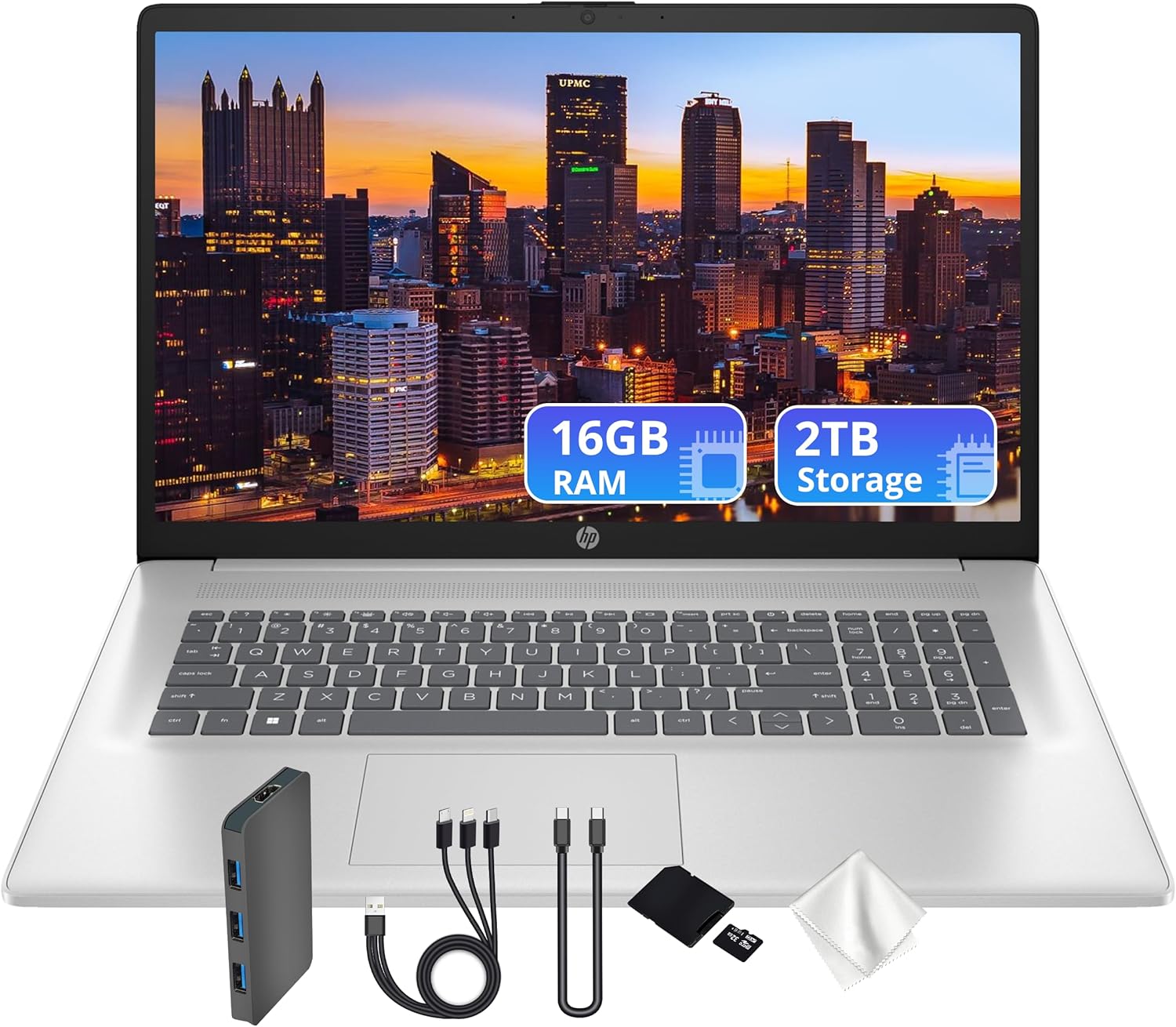 HP 17.3 FHD IPS Anti-Glare Laptop  Intel 7-150U  16GB RAM  2TB Storage (1TB SSD & 1TB Docking Station Set)  Intel Graphics  Num Pad  Wi-Fi 6  1080p Webcam  Fast Charge  Windows 11 Home  Silver