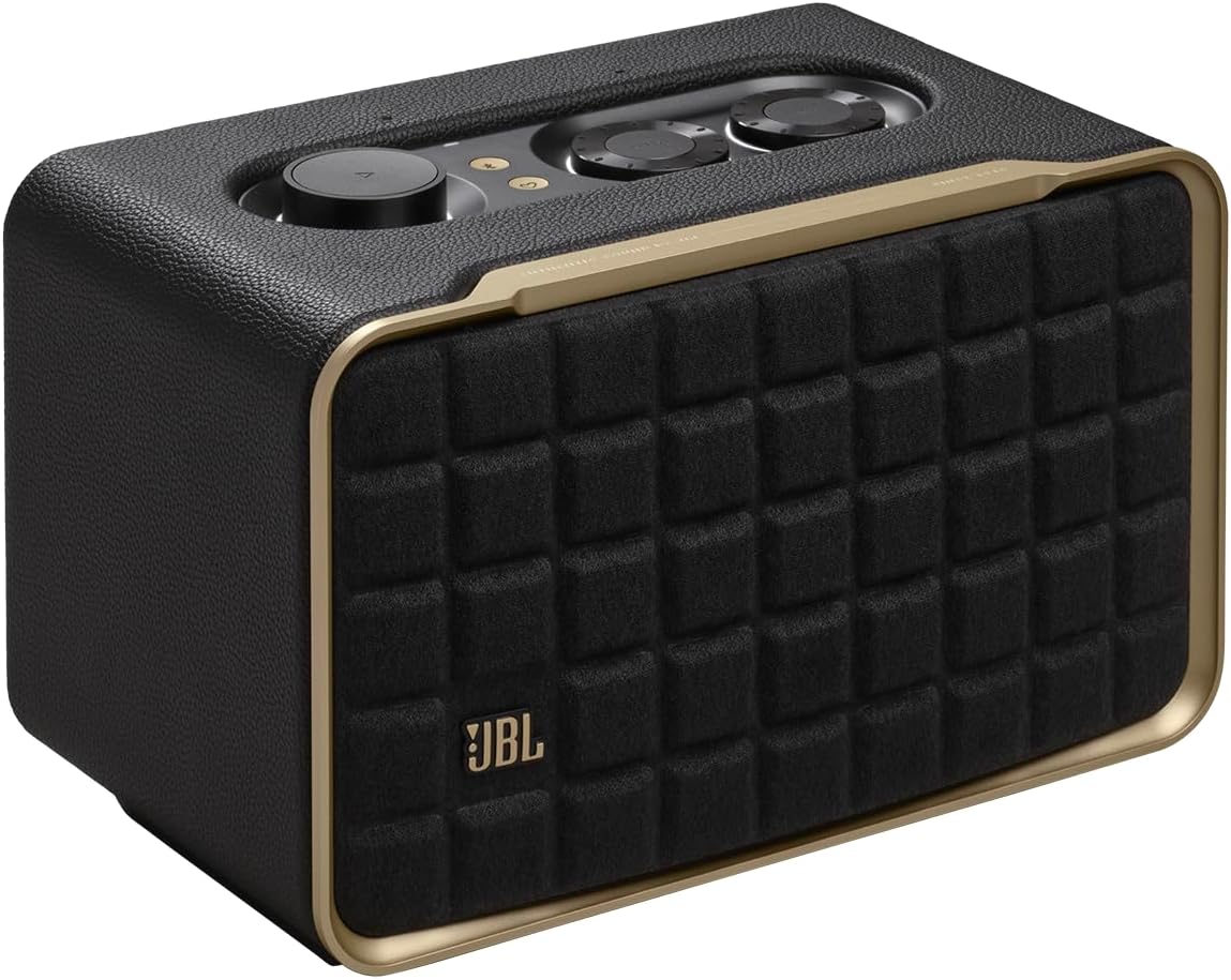 JBL Authentics 200 - Retro Style Smart Home Speaker with Built in Wi-Fi  Bluetooth and Voice Assistants  Alexa and Google Assistant  Multi-Room Playback  Automatic self tuning (Black/Gold)