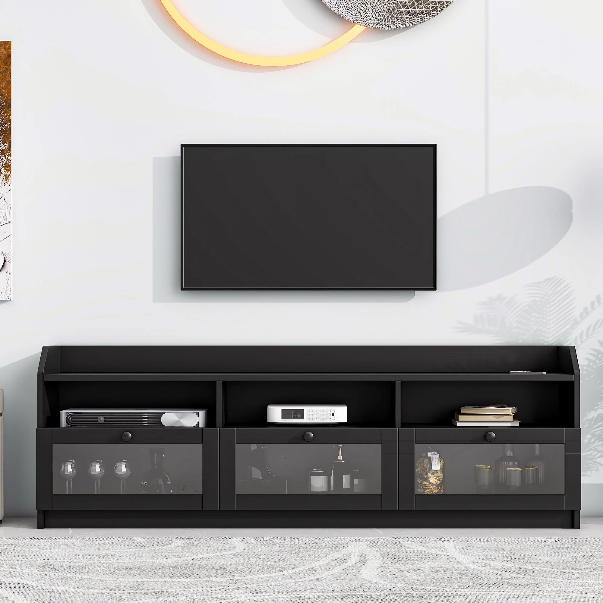 Black 63 TV Stand with Acrylic Board Door and Black Handles for TVs Up to 65