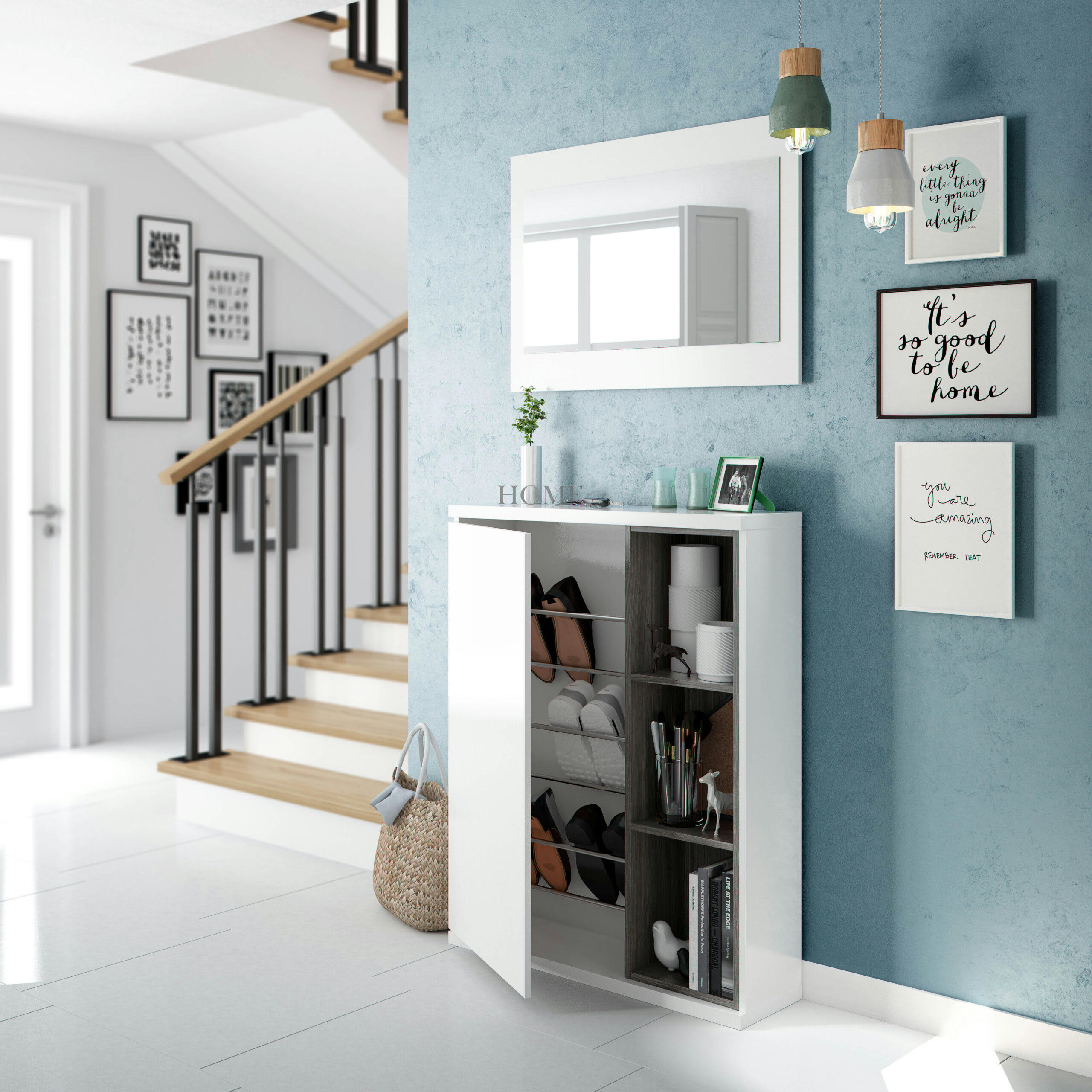 LUX - Meuble d'entrée 1 porte avec rangement chaussures et miroir
