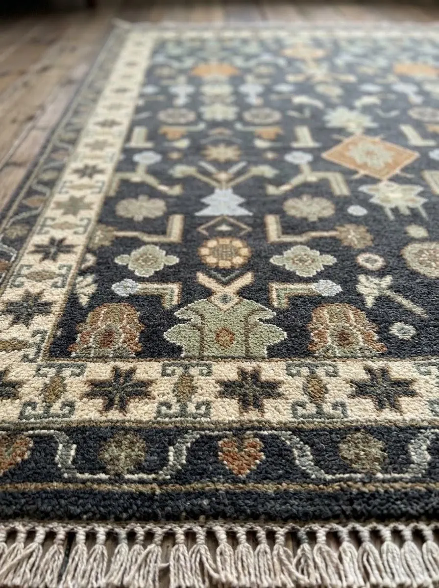 Hand Knotted Wool Rug, Vintage Floral Geometric Area Rug, Navy Blue Ivory Rug, Traditional Living Room Rug, Handmade Bedroom Carpet