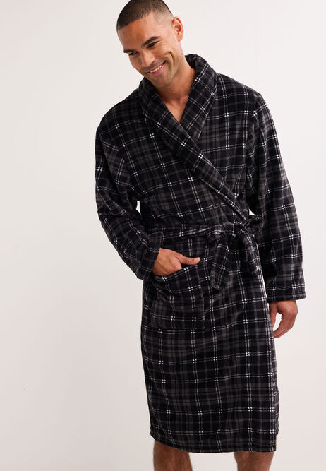Mens Black Check Shawl Collar Dressing Gown
