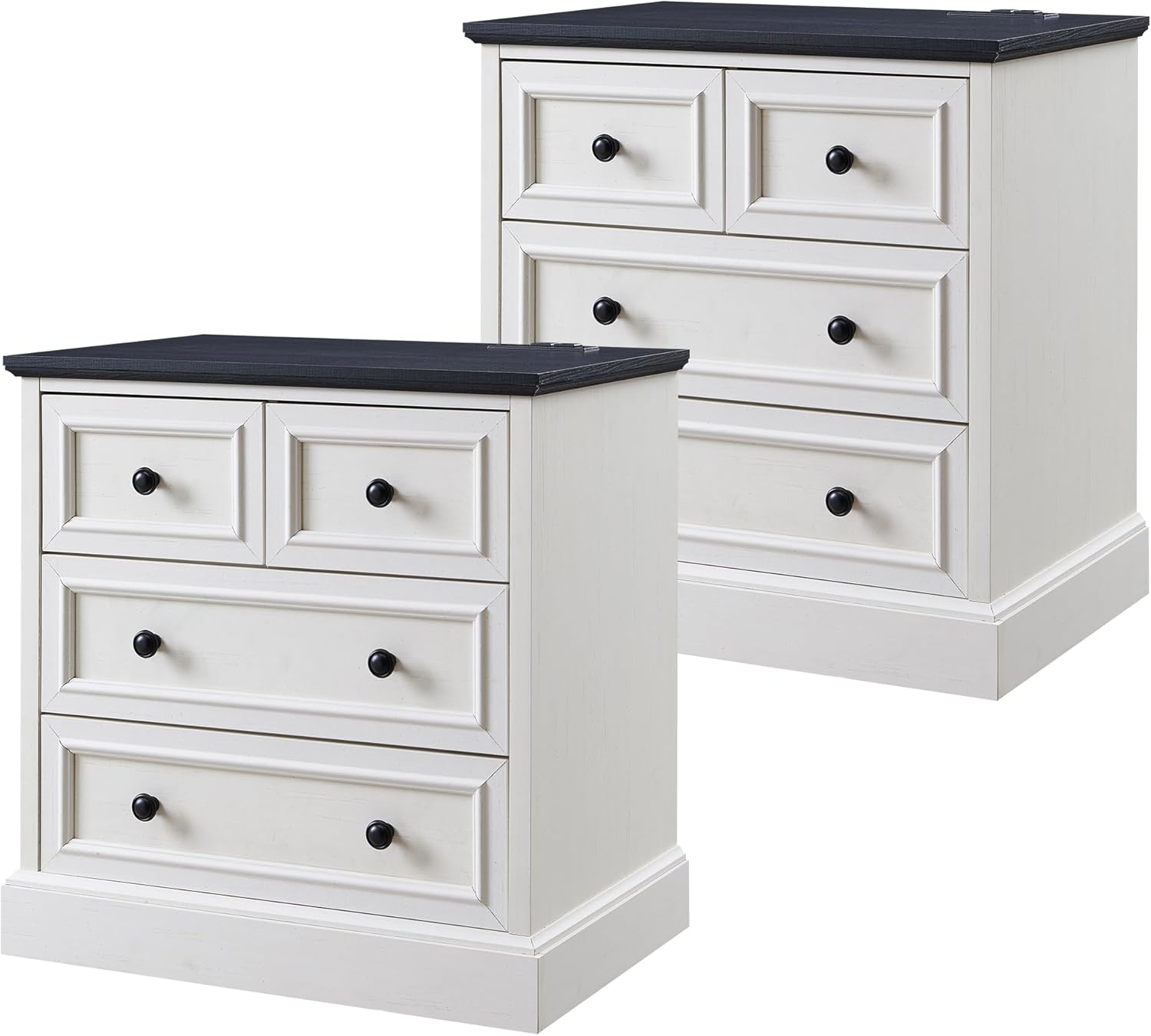 ACCOHOHO 26 W Nightstands Set of 2, Farmhouse End Table with 4 Drawers for Storage, Nightstand with Charging Station for Bedroom, Off White