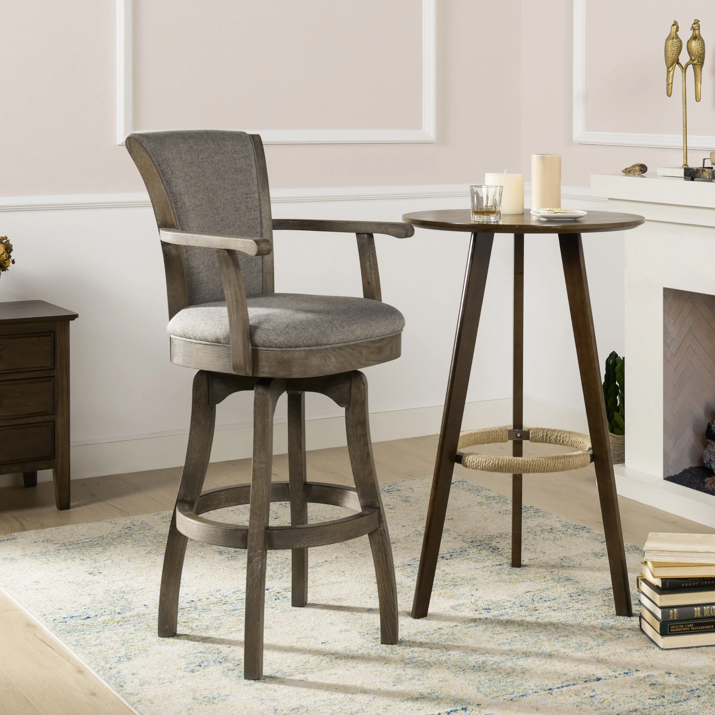 Williams Swivel Upholstered Bar Stool - Counter or Bar Height - 27 or 31 Inch - Solid Oak Wood Frame - Minimal Assembly