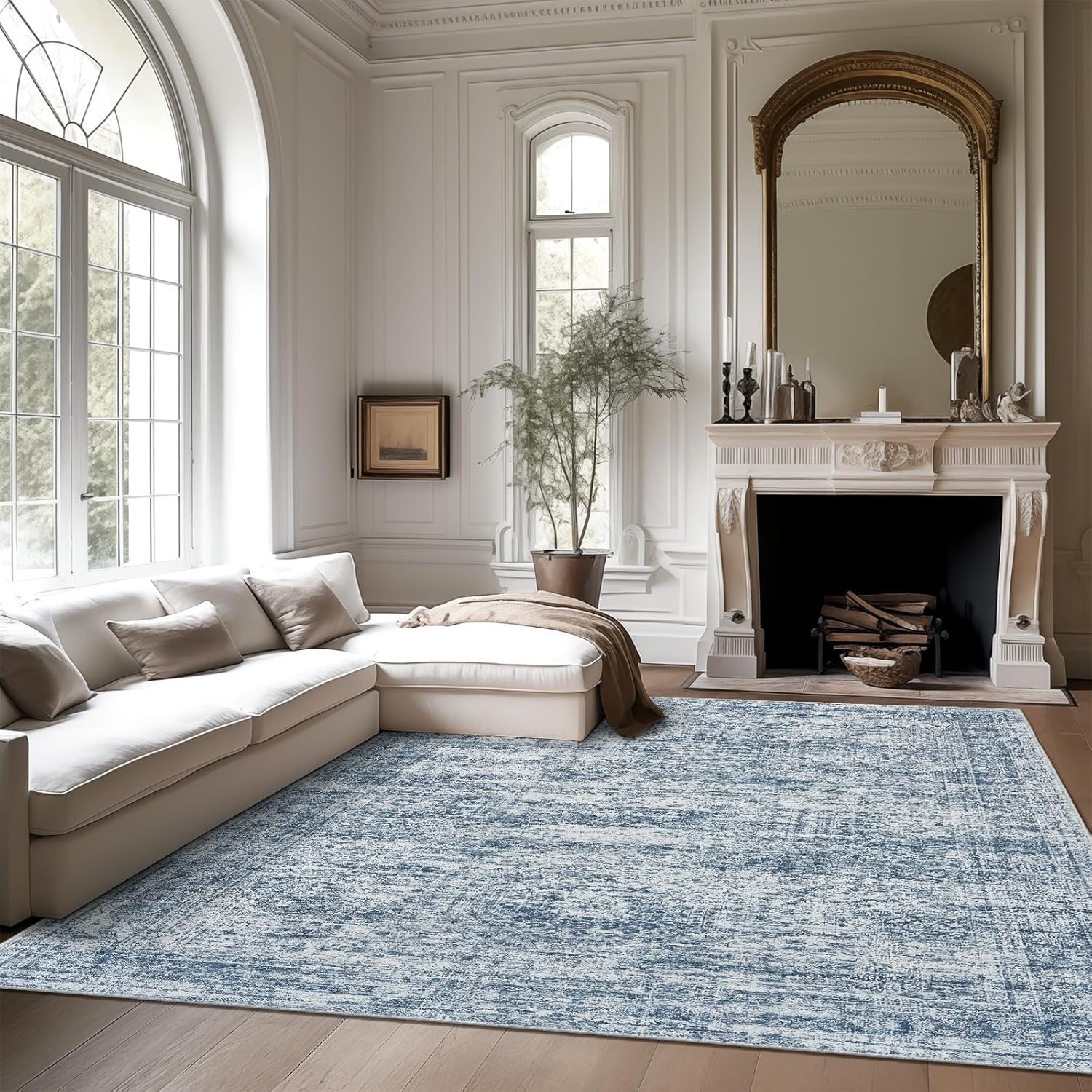 Soalmost 9x12 Area Rugs for Living Room, Non Slip Machine Washable Vintage Rugs, Low Pile Lightweight Large Rug for Bedroom, Dining Room, Home Office Blue