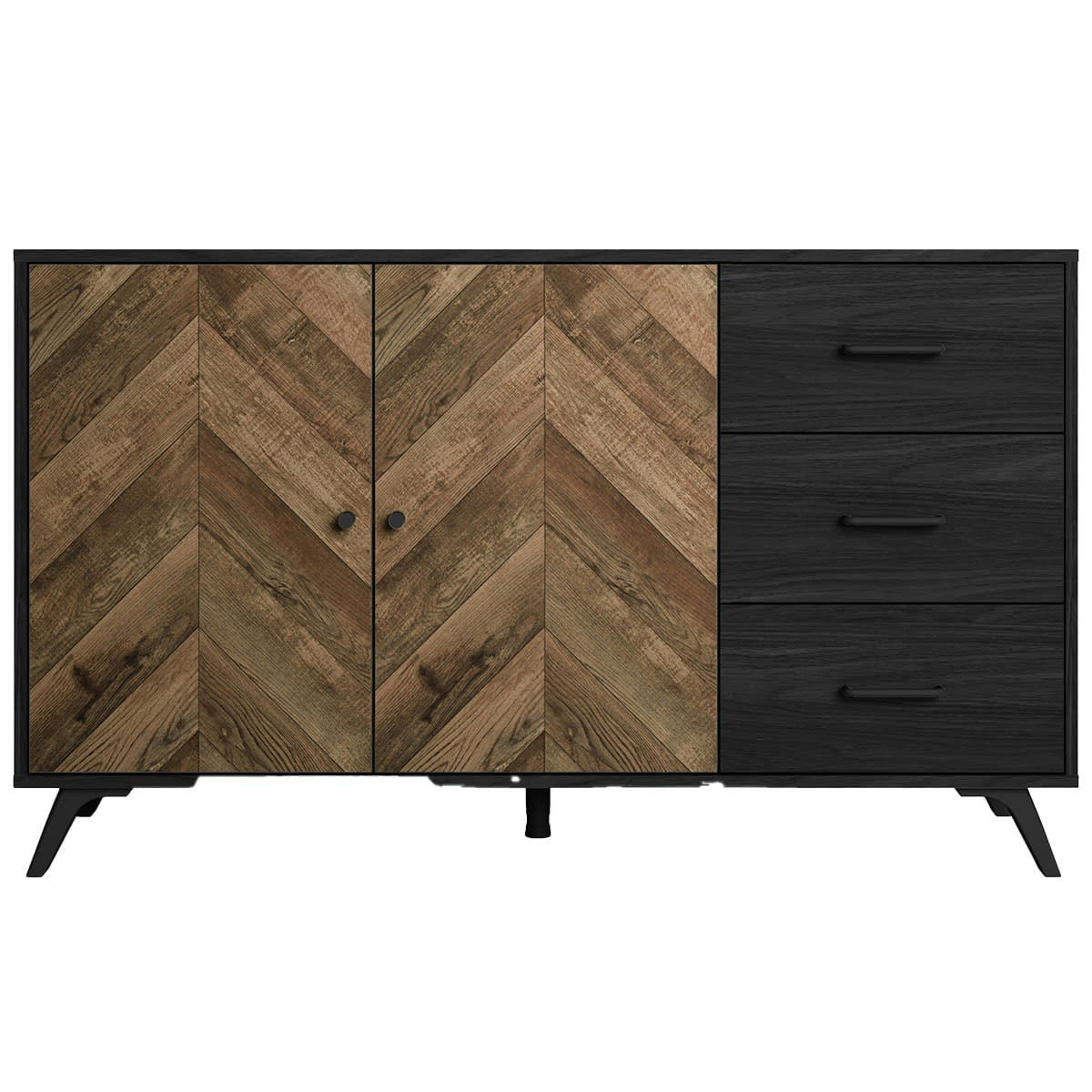 DARIO - Buffet 2 portes 3 tiroirs effet bois à chevrons / noir 136 cm