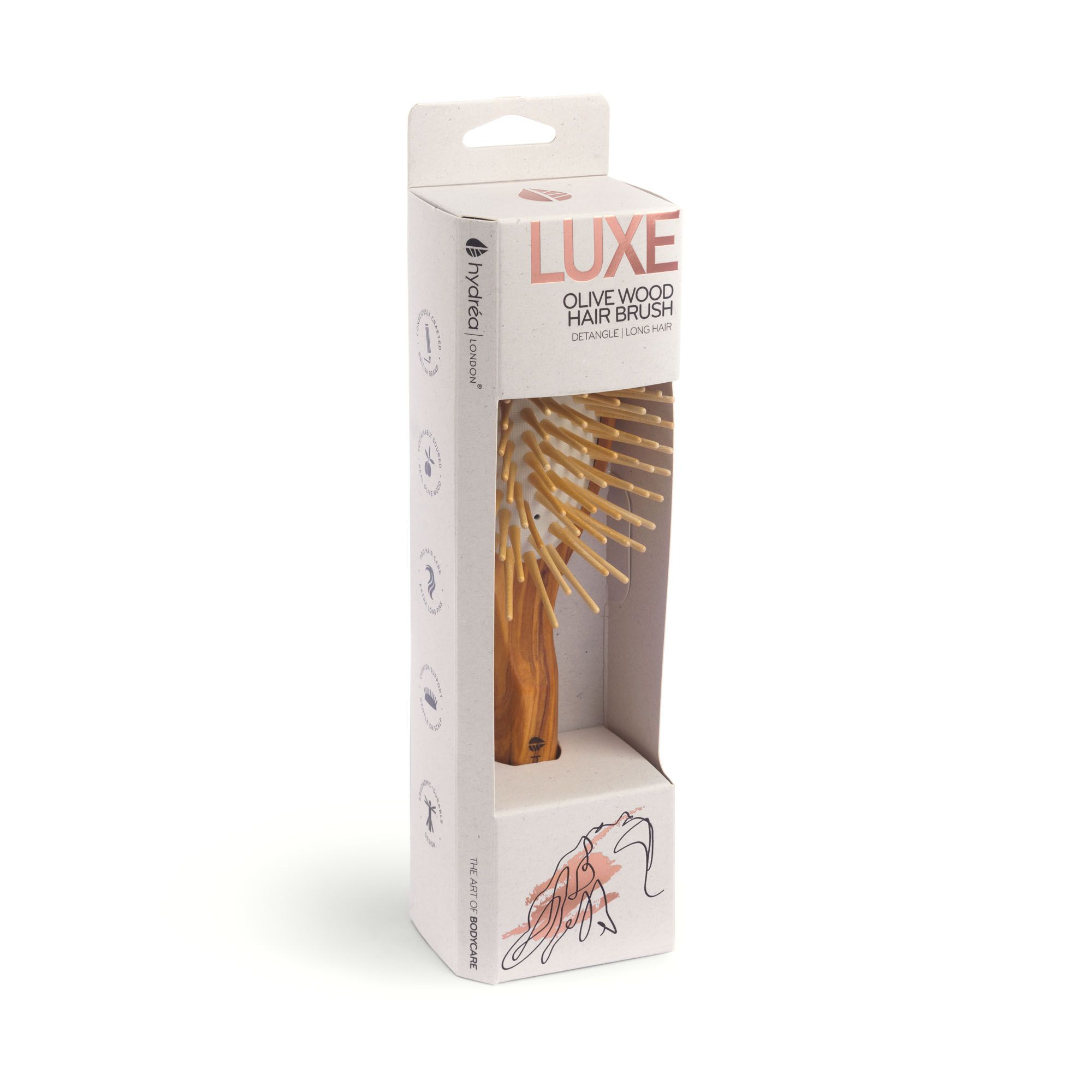 Hydrea London Luxe Olive Wood Hair Brush with Anti-static Long Olive Wood Pins and Rubber Cushion for Smooth Detangle