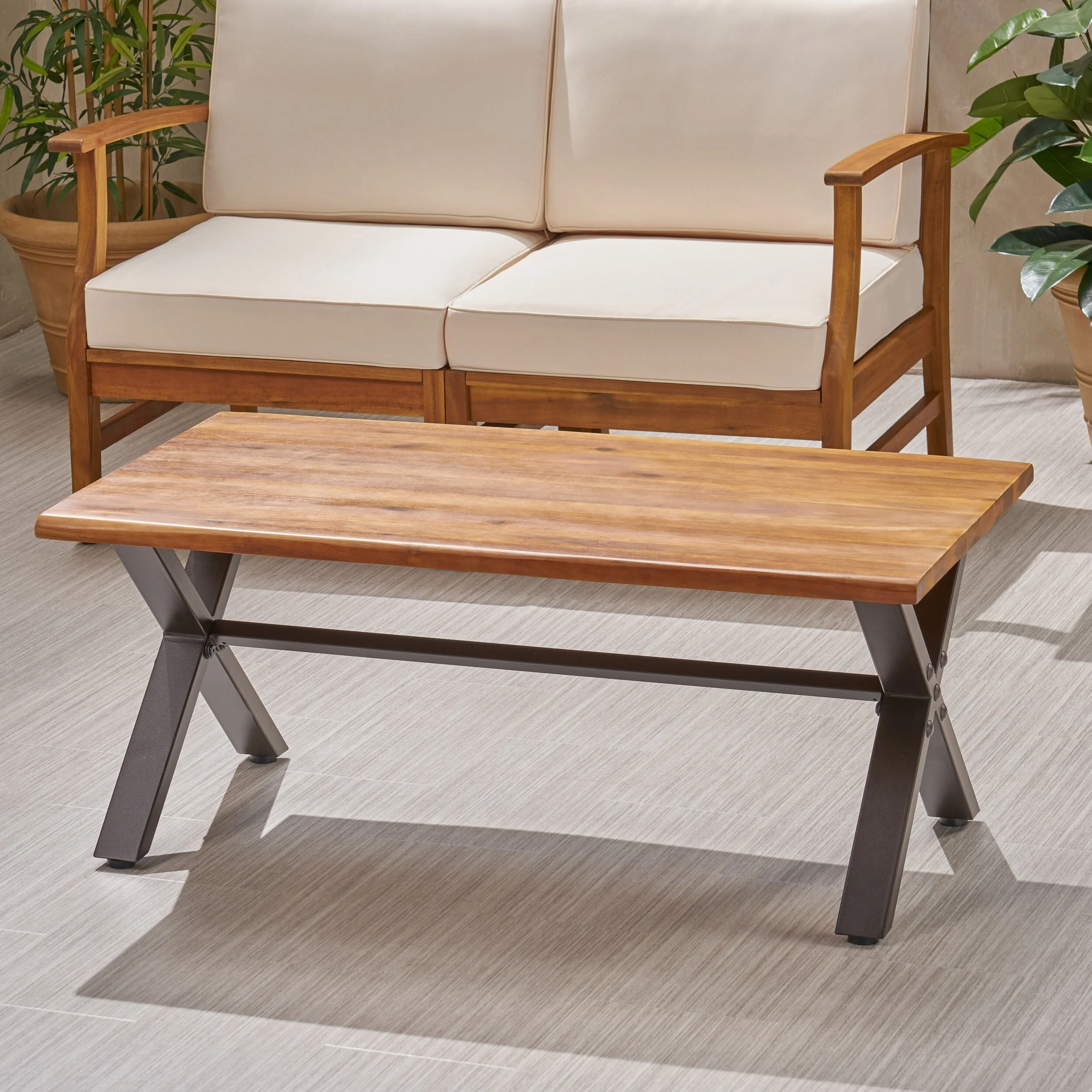 Roomfitters Outdoor Coffee Table, Rectangular Acacia Wood Top with X-Shaped Metal Legs, Natural+Black