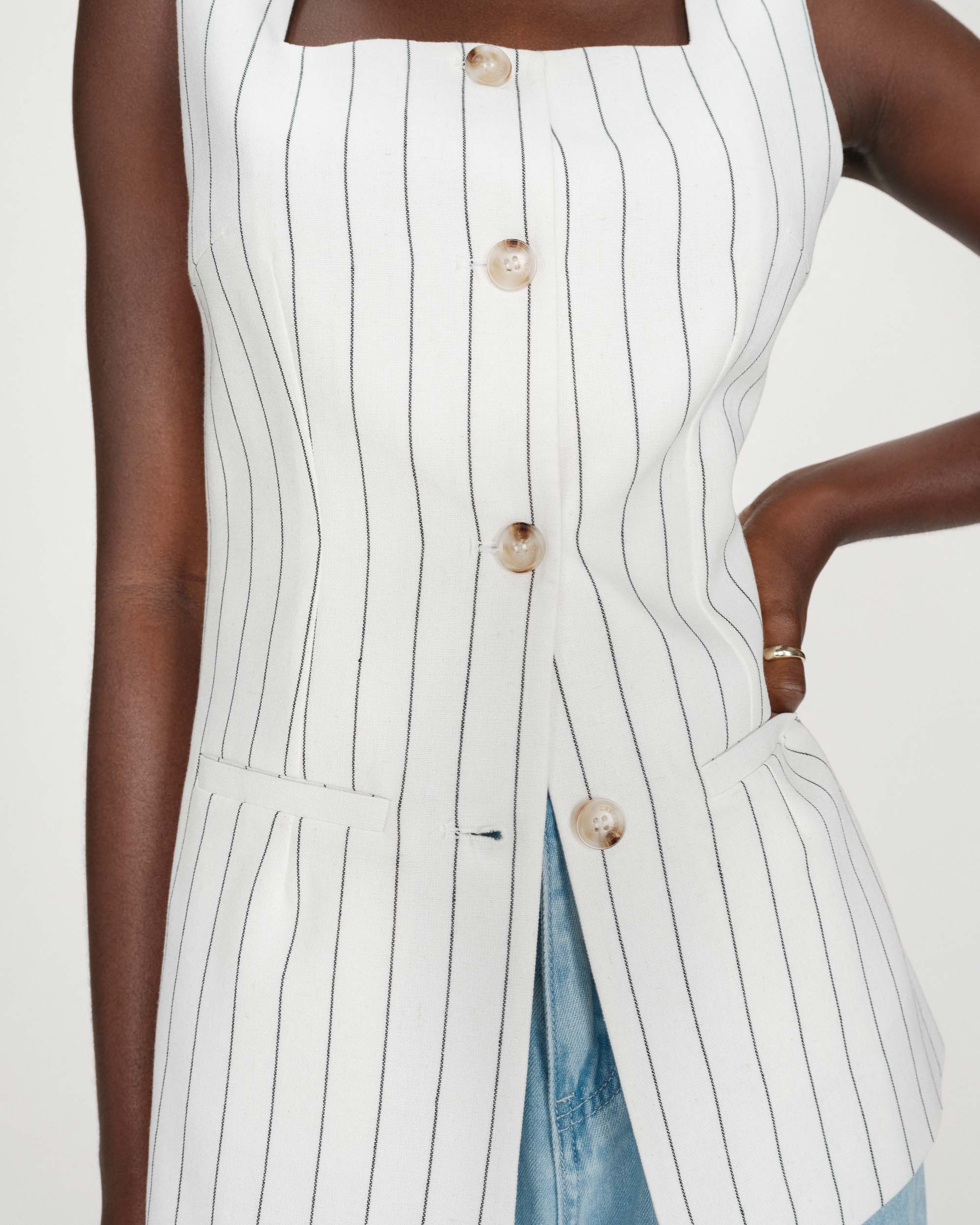 Gilet rayé en lin sans manches col carré boutonné white Vic
