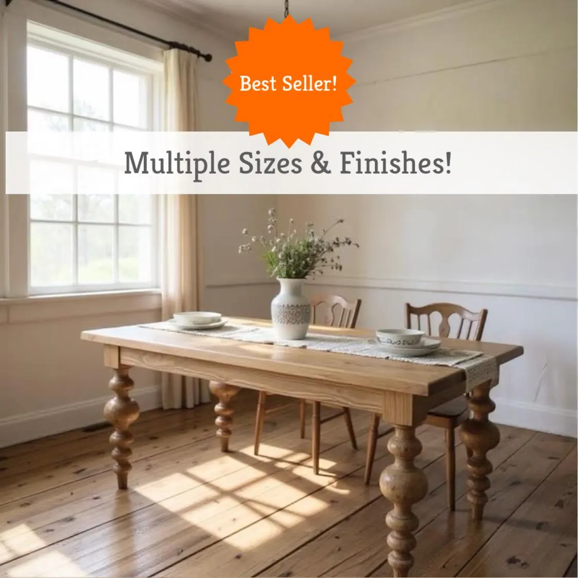 Handcrafted Rustic Wood Farmhouse Table or Desk | Bobbin Legs Table | Solid Wood | Spindle Legs Table | Made by TRUMAKE
