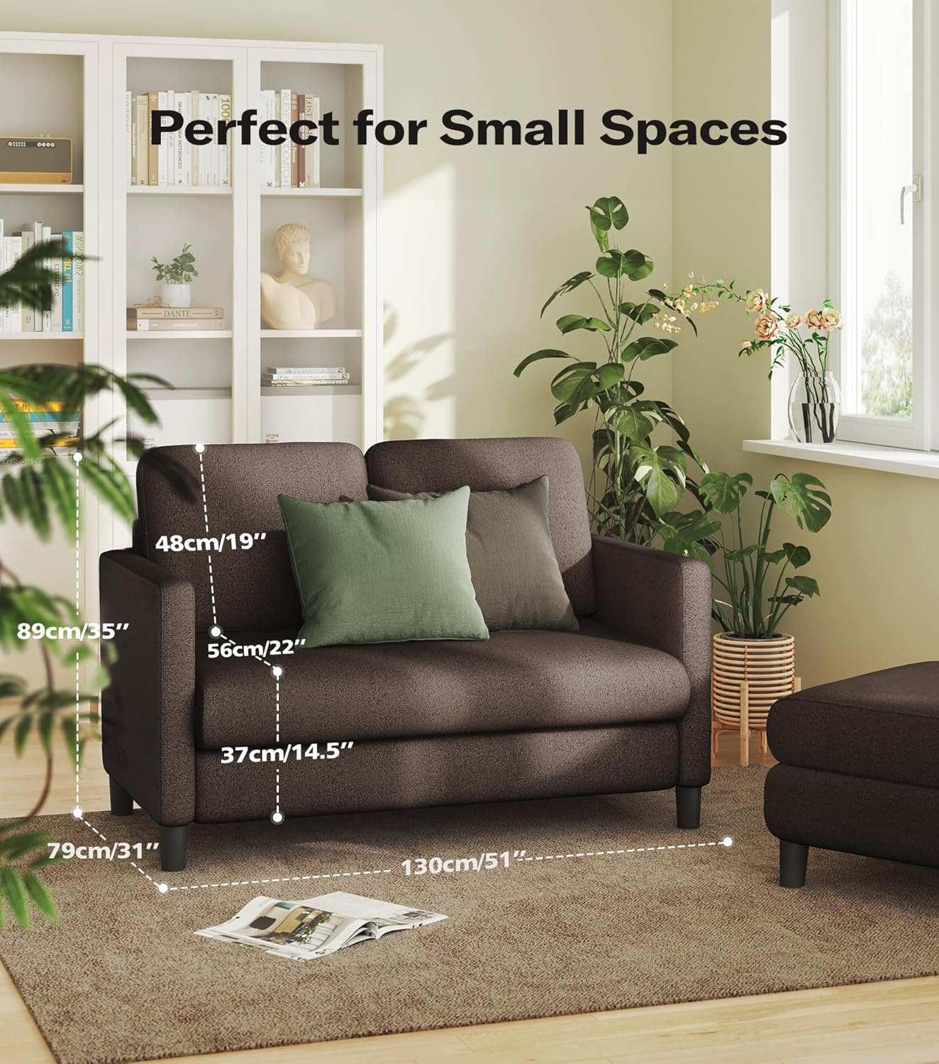 Welzona Loveseat, 51 Small Couch, Comfy Teddy Love Seat for Living Room, Tool-Free Setup Loveseat Sofa for Small Spaces, All-Wood Small Sofa Couch for Bedroom, No Pillow Included, Brown
