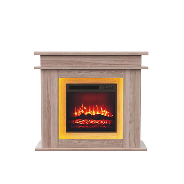 Cheminée électrique couleur chêne avec meuble, LED multicolore, flammes 3D réalistes, réglage luminosité et couleur