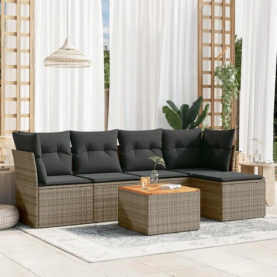 vidaXL 6-delige Loungeset met kussens & salontafel - Grijs - Poly rattan