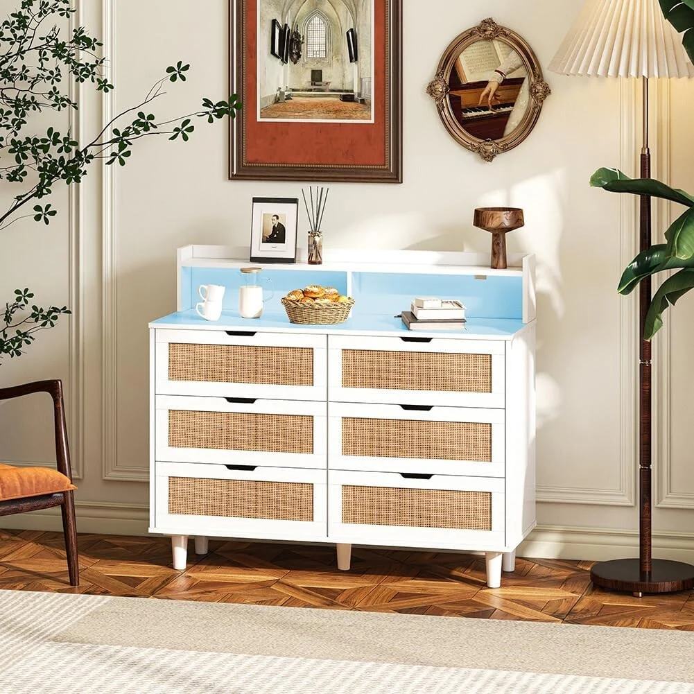 6 Drawer Dresser, Rattan Wood Chest of Drawers , Storage Cabinet Sideboard Console Table